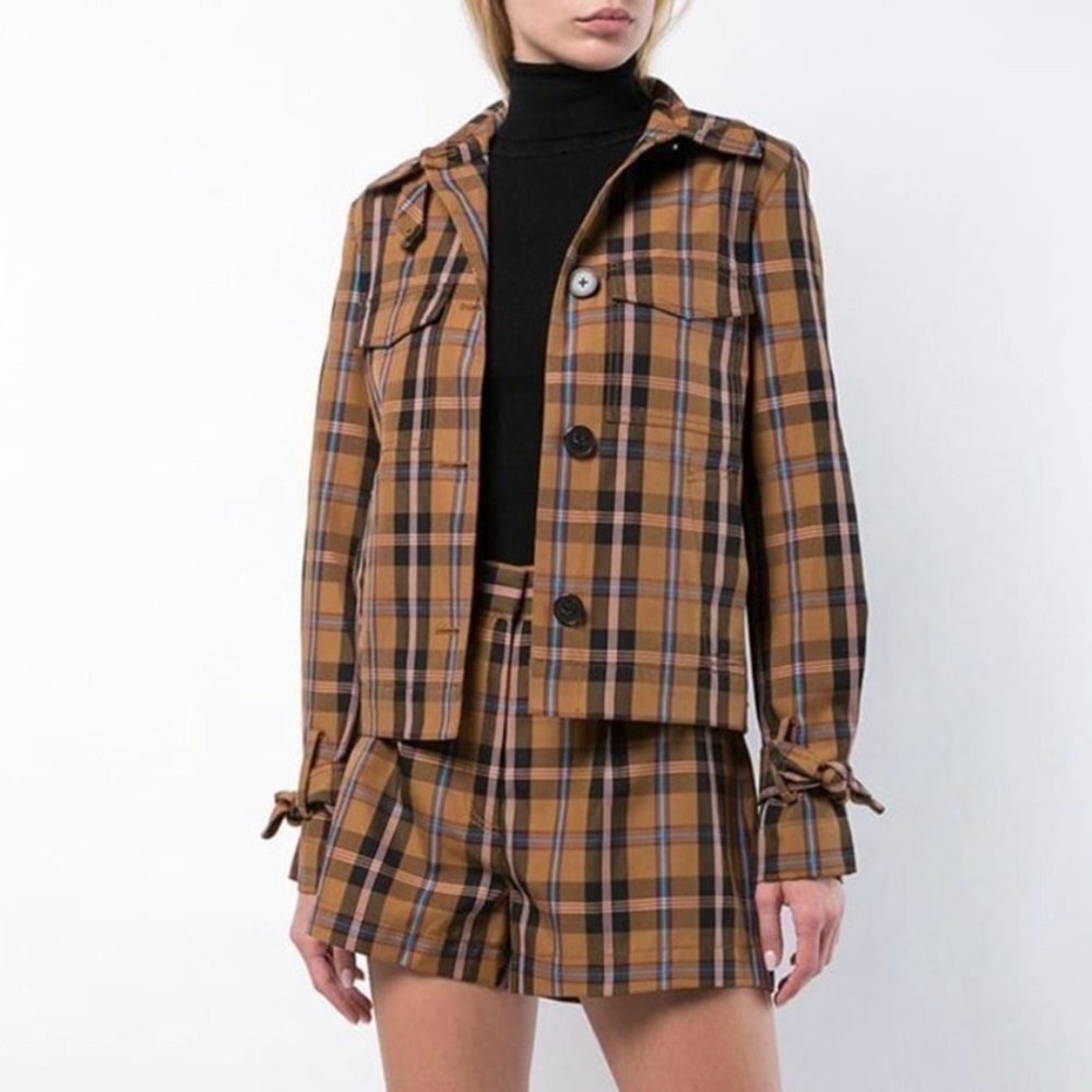 Derek Lam 10 Crosby Plaid Print Cropped Button Jacket Tied Cuff Detail Size 4